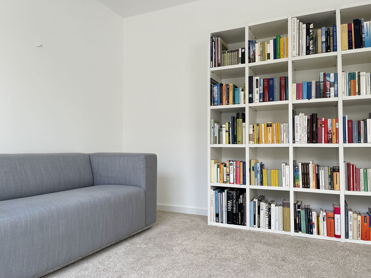 Couch and bookshelf with carpet in room image